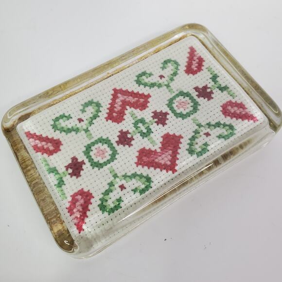other Other - Vintage 83' Hearts Floral Cross Stitch Handmade Glass Paperweight Office Decor